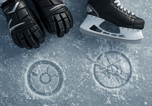 pairs of ice skates on ice, pink and black, near snowy trees, under a clear blue sky in a winter landscape. - Powered by Adobe