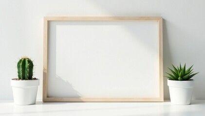 White desk, mockup frame, cactus, clean background, mockup, cactus, backdrop