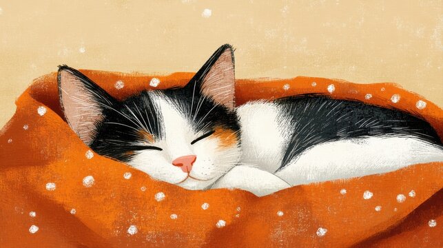 Cute Sleeping Cat in Cozy Blanket with Soft Colors and Dreamy Expression in Illustration Art Style