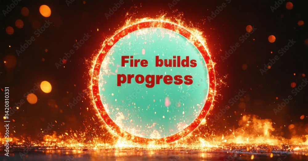 Poster bright circular graphic displays text. fiery background creates dramatic visual impact. sparks radia