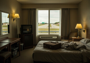 Hotel room with bed, desk, and television.