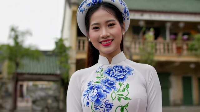 Cheerful Vietnamese woman in traditional attire with a warm smile and a friendly wave, showcasing cultural beauty and welcoming charm.