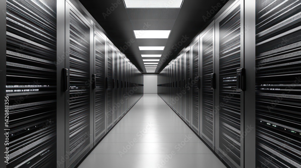Poster server room with rows of racks, showcasing data processing and cloud technology