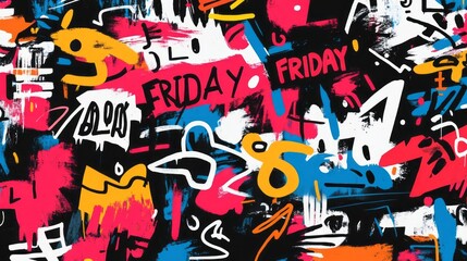Naklejka premium Abstract colorful graffiti style background with friday and black text