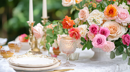 Charming countryside tablescapes adorned with fresh orchard fruits, fine china, and lush florals, arranged for al fresco dining amidst blossoming gardens in beautiful afternoon light