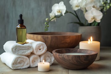 A spa setting with towels and candles