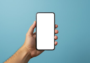 Man holding smartphone with blank screen.