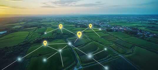 Aerial view of land with network markers representing land development planning and connectivity,


