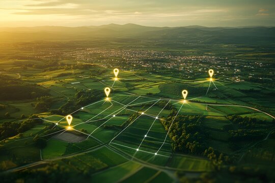 Aerial view of land with network markers representing land development planning and connectivity,


