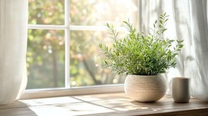 Fototapeta premium Bright and Fresh Indoor Plant on Window Sill with Natural Light and Cozy Atmosphere