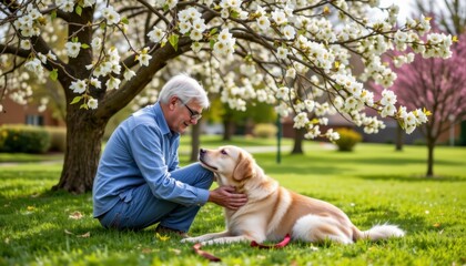 A heartwarming scene unfolds as a loving senior man shares a tender moment with his loyal golden retriever outdoors on a sunny day The gentle bond between them is palpable as the man lovingly strokes