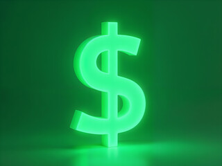 Obraz premium Glowing neon green dollar symbol floating on dark background, representing finance, wealth, investment, or cryptocurrency concepts. Generative AI