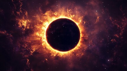 Obraz premium Artistic solar eclipse visualization, glowing amber corona effect, luxurious deep purple cosmos, scattered starlight elements, clean geometric design, premium space illustration, high-end digital