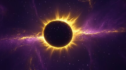 Celestial eclipse phenomenon, luminous golden corona streams, royal purple space backdrop, scattered stellar points, refined minimal composition, sophisticated astronomical artwork