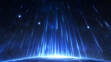 Cosmic horizon view of planet edge, electric blue light pillars streaming upward, dynamic atmospheric light show, shooting stars across deep space background, stellar clusters scattered in void,