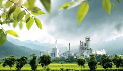 Obraz premium Industrial Factories & Green Nature: Sustainable Development in Harmony with Environment