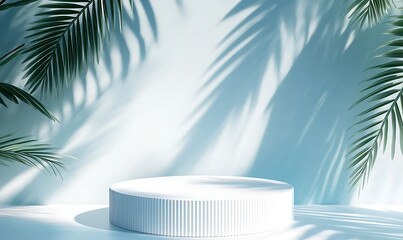 Minimalist white round podium with ribbed texture, set against a soft blue background with palm leaf shadows. Ideal for product display, branding, cosmetics, and luxury presentations, 