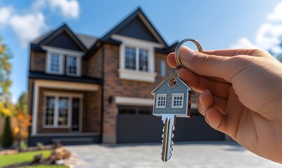 Hand holding house key symbolizes new homeownership and the journey of buying a home,


