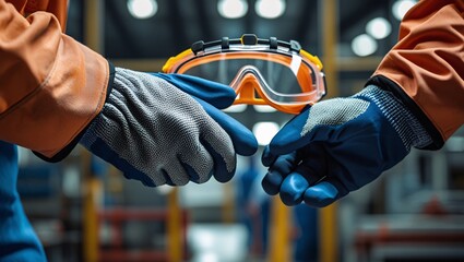 Industrial Safety Workers Exchanging Safety Glasses and Gloves in a Factory Setting