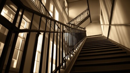 Obraz premium Elegant staircase in a historic building with soft lighting, showcasing architectural beauty