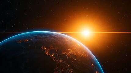 Earth silhouetted against brilliant orange solar corona, atmospheric glow creating luminous blue halo around planet edge, golden sunrays piercing through thin cloud layers, city lights visible on