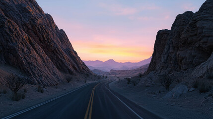 Fototapeta premium Serene Desert Road Surrounded by Majestic Rocky Mountains at Sunset with Vibrant Sky
