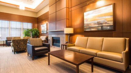 Fototapeta premium Cozy and modern waiting area with comfortable seating, warm lighting, and artwork on walls