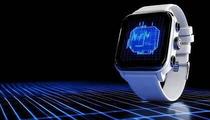 White Wristwatch With Blue Digital Display On Dark Grid Background , -