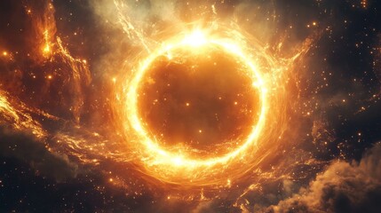 Obraz premium Eclipse light circle with ethereal corona streams, luminous portal effect, dynamic light flares, crystalline sparkle elements, mysterious cosmic gateway, glowing crescent outline, astronomical