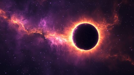 Fototapeta premium Elegant astronomical eclipse banner, vibrant orange corona flare, rich purple space gradient, delicate star particles, dramatic light diffusion, celestial minimalism, professional space visualization