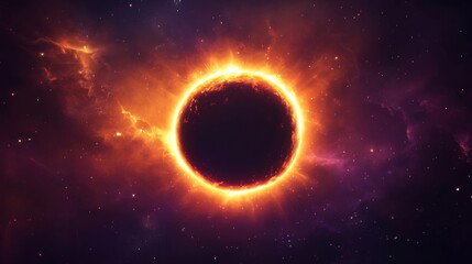 Fototapeta premium Elegant astronomical eclipse banner, vibrant orange corona flare, rich purple space gradient, delicate star particles, dramatic light diffusion, celestial minimalism, professional space visualization