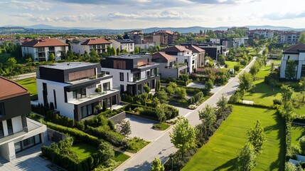 Fototapeta premium Scenic aerial view of a modern residential complex with lush greenery and architecture