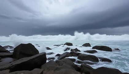 Moody Seascape with Dramatic Waves and Coastal Rocks Under Overcast Sky