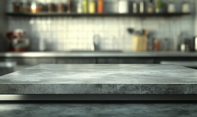 Gray countertop in a modern kitchen.  Blurred background shows kitchen appliances and cabinets