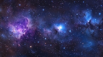 Naklejka premium Expansive cosmic vista with ethereal nebula formations, glowing stardust trails, scattered bright stars, flowing space clouds in deep purple and electric blue, realistic stellar details, panoramic