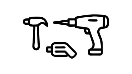 A graphic illustration of a drill, hammer, and wrench, set against a white background.