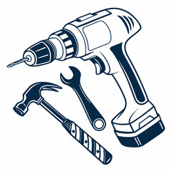 A graphic illustration of a drill, hammer, and wrench, set against a white background.