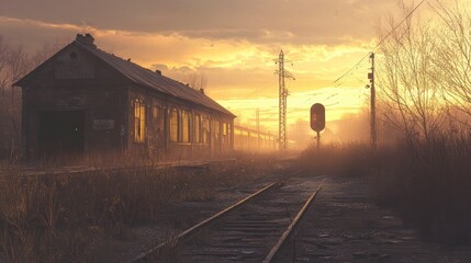 Abandoned train station at sunset, misty atmosphere, overgrown tracks.