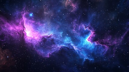 Horizontal cosmic banner with swirling purple-blue nebula clouds, scattered luminous stardust particles, brilliantly glowing stars, deep space atmosphere, realistic astronomical details, flowing