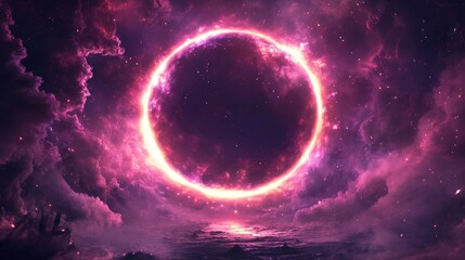 Obraz premium Magical eclipse portal with pulsing neon corona, incandescent light particles, ethereal crescent silhouette, brilliant flare bursts, shimmering star dust, mysterious cosmic gateway, ultra-detailed