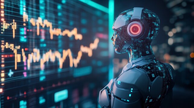 AI robot analyzes stock market data on a large screen.