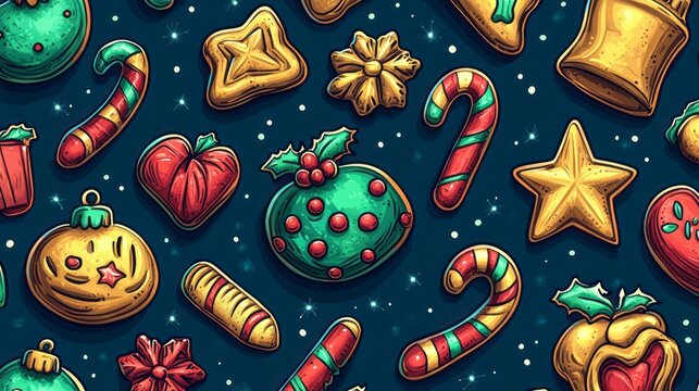 Seamless christmas pattern with cookies ornaments candy and sparkles