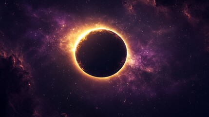 Obraz premium Majestic eclipse silhouette against cosmic void, brilliant golden light ring, deep purple nebula background, subtle starlight accents, refined astronomical illustration, premium digital art