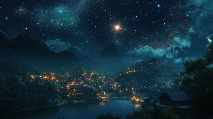 Fototapeta premium Enchanting Nightscape: A Quaint Village Under a Star-Studded Sky Canvas