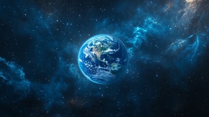 Fototapeta premium Majestic planet Earth centered in deep space, glowing blue atmosphere, detailed continental landmasses showing North America, rich green vegetation, swirling white cloud patterns, deep blue oceans,