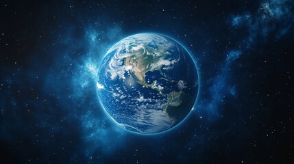 Majestic planet Earth centered in deep space, glowing blue atmosphere, detailed continental landmasses showing North America, rich green vegetation, swirling white cloud patterns, deep blue oceans,