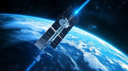 Modern satellite silhouetted in space, luminous data transmission beam, curved Earth horizon with blue atmospheric rim, precise technical details, celestial perspective, aerospace engineering