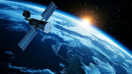 Fototapeta premium Modern satellite silhouetted in space, luminous data transmission beam, curved Earth horizon with blue atmospheric rim, precise technical details, celestial perspective, aerospace engineering