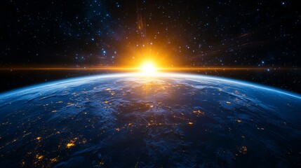 Orbital view of Earth at dawn, brilliant solar corona illuminating space, planet curvature with atmospheric blue glow, scattered stars in dark cosmos, dramatic light rays, professional space