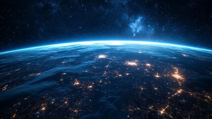 Obraz premium Planet Earth darkness view, sparkling urban developments, interconnected light trails of civilization, deep blue atmospheric rim, celestial starfield background, dramatic orbital perspective,